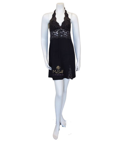 Fleurt 6018 Black/Rose Gold Lace Halter Neck Modal Chemise MYSELFLINGERIE.COM